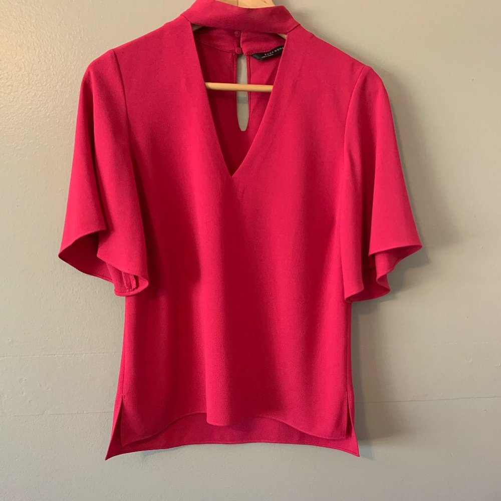 Zara Women's blouse with V-neck, cut/high collar in hot pink.  Size XS.